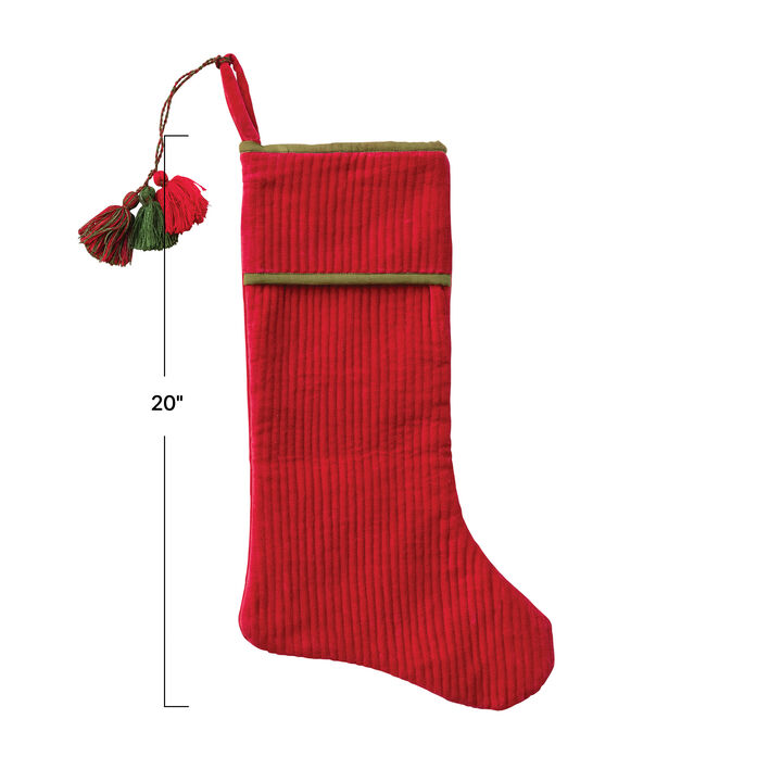 Quilted Cotton Velvet Stocking with Festive Tassels, Red & Green