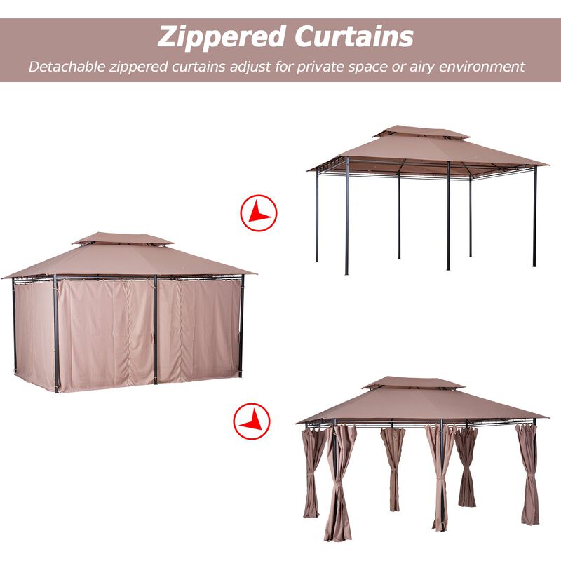 Khaki Outdoor Oasis: 10x13 Gazebo with Curtains & Vented Steel Frame