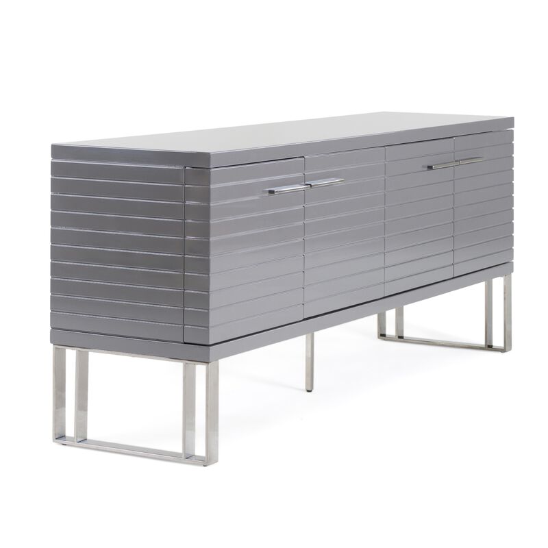 Cid Resu Sideboard Buffet Cabinet, 4 Doors w Slatted Design, 79 Inch, Glossy Gray