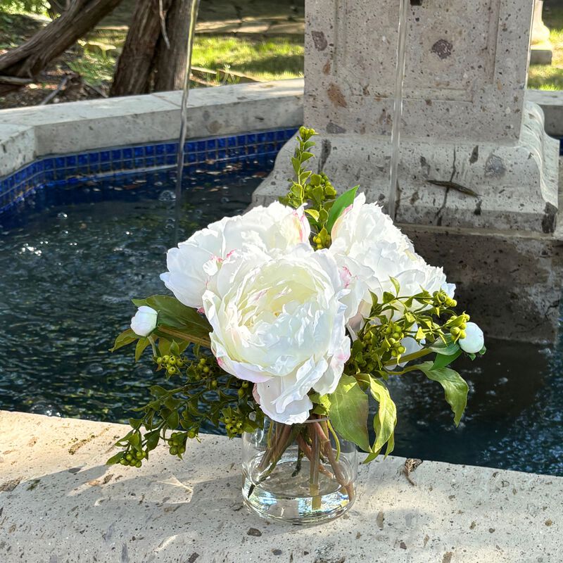Faux peony arrangement in glass vase - 10"