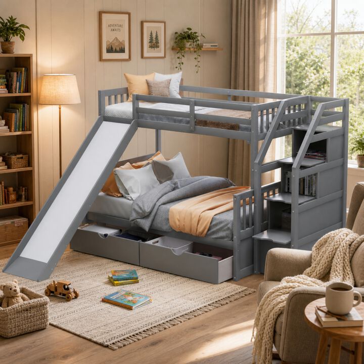 Whisen Twin over Full Bunk Bed with Drawers, Slide & Storage, Solid Pine for Kids Bedroom