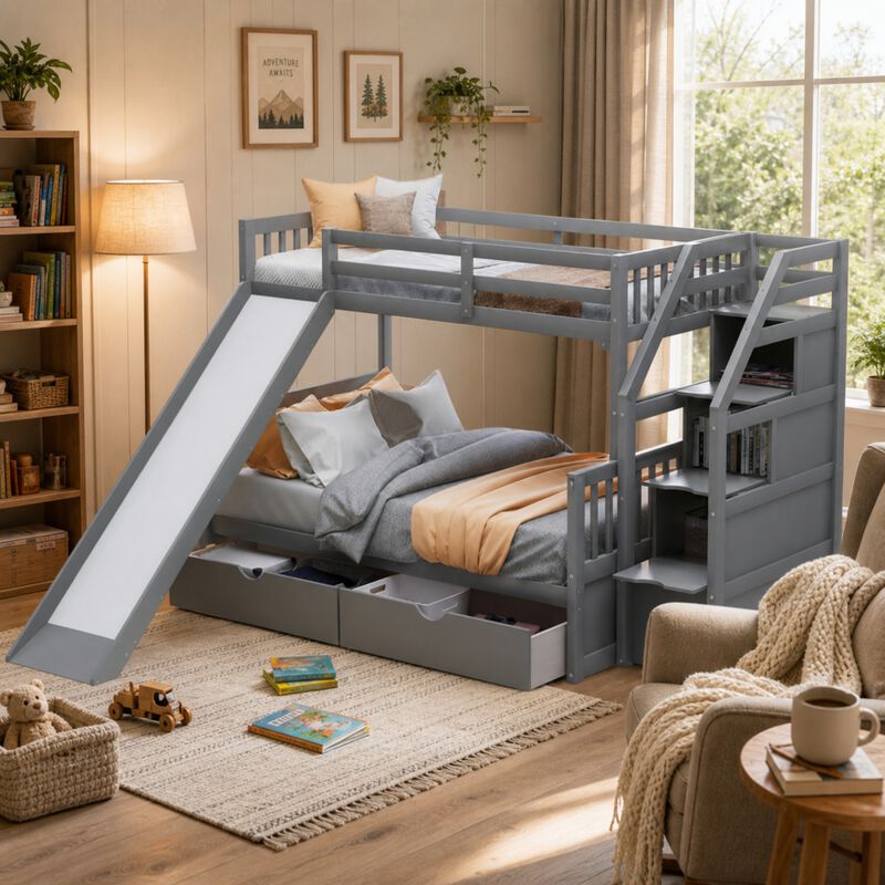Whisen Twin over Full Bunk Bed with Drawers, Slide & Storage, Solid Pine for Kids Bedroom image number 1
