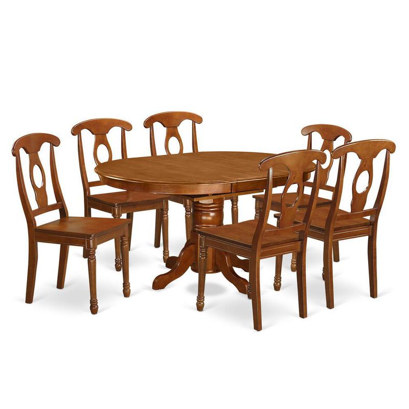7 Pc Dining Table with Leaf and 6 Wood Kitchen Chairs in Saddle Brown
