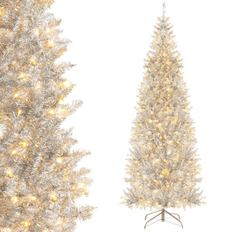 Pre-Lit Artificial Silver Tinsel Christmas Tree for Sparkling Holiday D&eacute;cor with Bright LED Lights