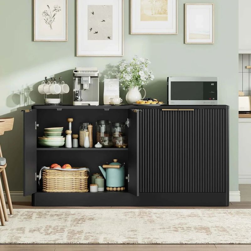 Modern Sideboard Cabinet with Wave Pattern and Adjustable Storage Shelving-Black image number 8