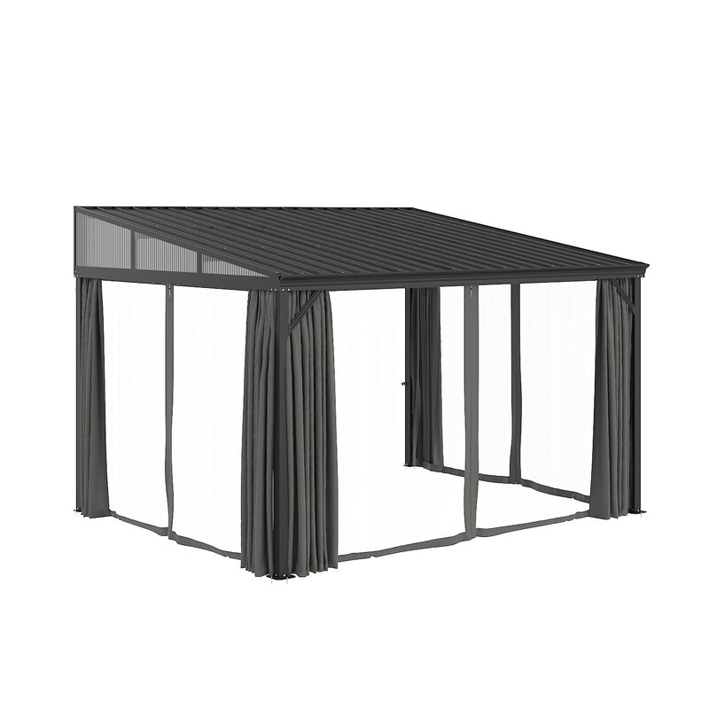 FUFU&GAGA Black Patio Lean-to Gazebo &ndash; Aluminum Frame with Galvanized Steel Roof, Mosquito Netting & Curtains, (145.4" L x 119.1" W x 99.7" ), 10 x 12 FT, Black