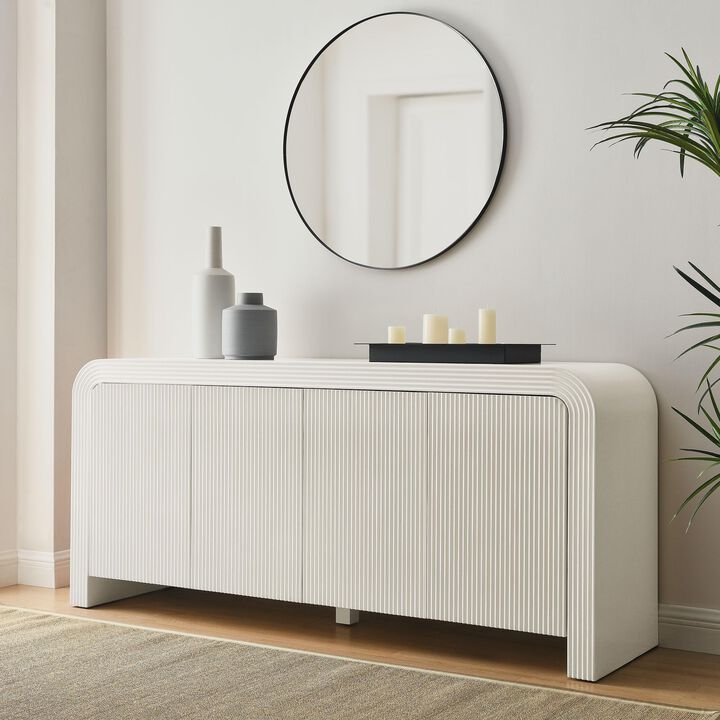 Modway Waterflute 70 Inch Fluted 4-Door Sideboard Cabinet in Walnut &ndash; Modern Storage Console with Adjustable Shelves &ndash; Waterfall Edge High TV Stand with Cable Management for Living Room