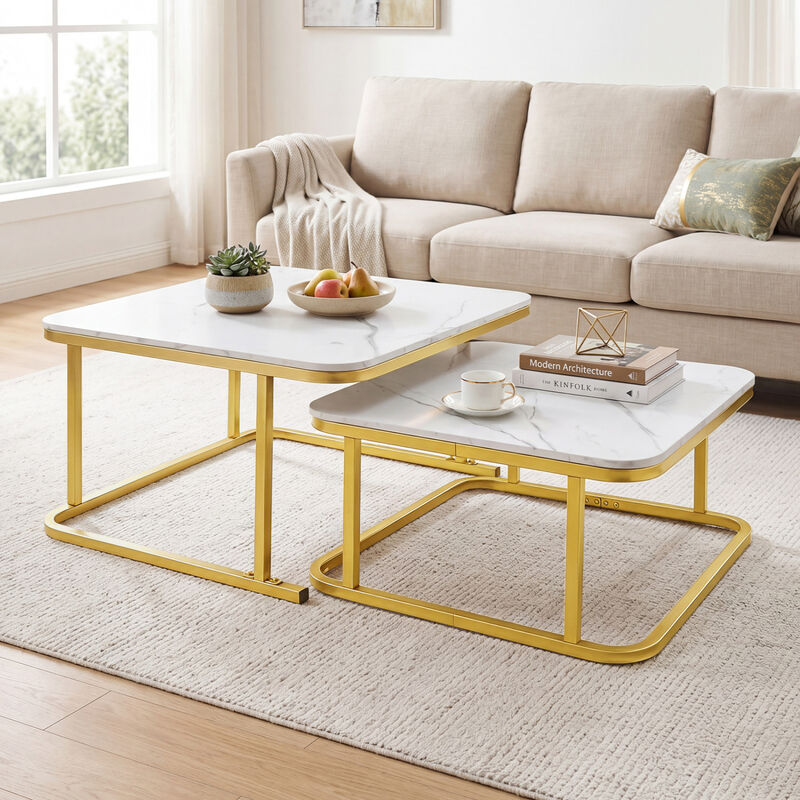 Modern Nesting Coffee Table Set with Faux Marble Surface and Metal Frame image number 3