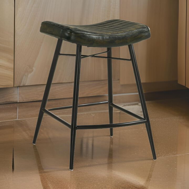 Vini 25 Inch Counter Stool Set of 2, Curved Leather Seat, Tufted Black