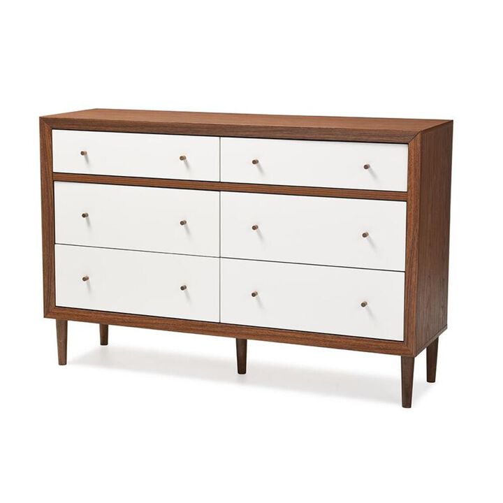 Baxton Studio Scandinavian Style White and Walnut Wood 6-drawer Storage Dresser