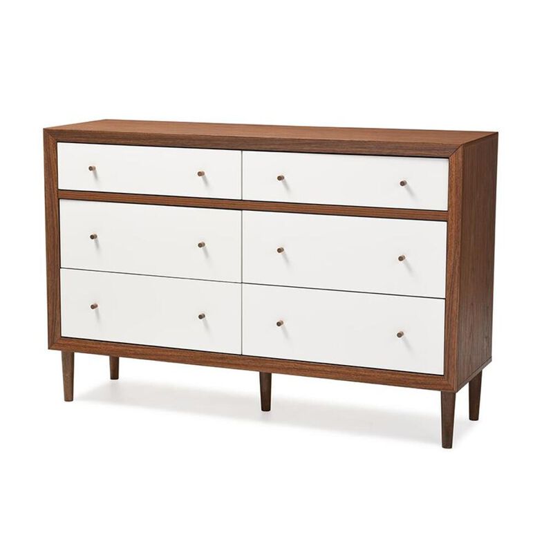 Baxton Studio Scandinavian Style White and Walnut Wood 6-drawer Storage Dresser