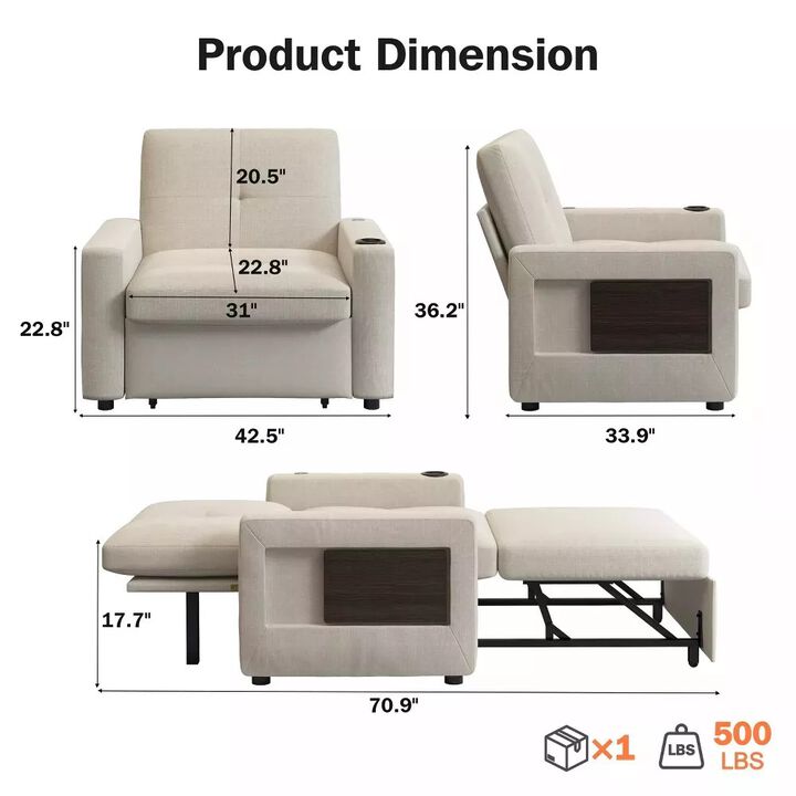 42.5" Sleeper Chair Bed with Pull Out Couch Bed, 3-in-1 Convertible Reclining Sofa Chair with USB
