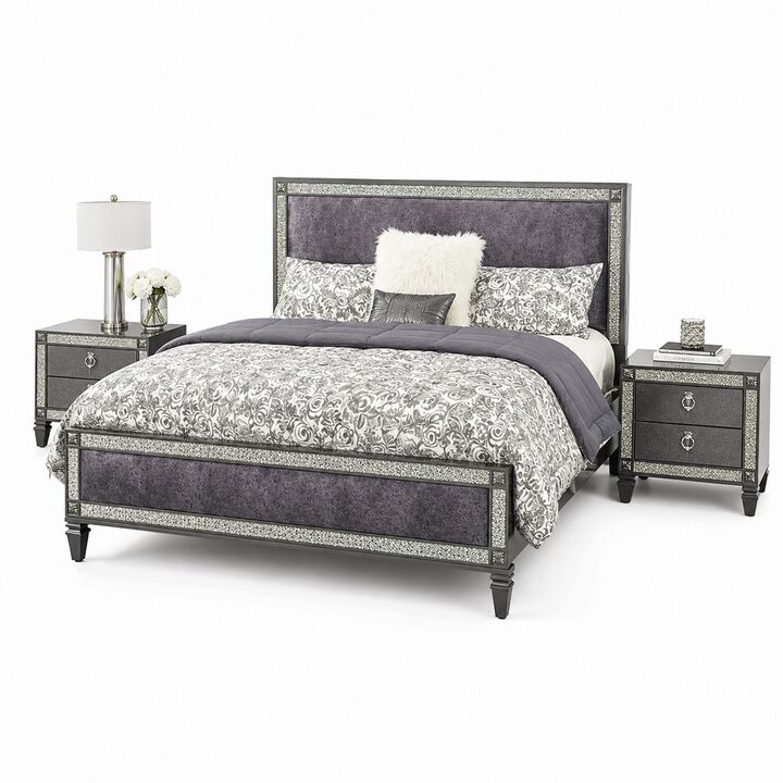 Queen Bedroom Set, Gray, Nickel Wood, 3 Piece Set with 2 Nightstands