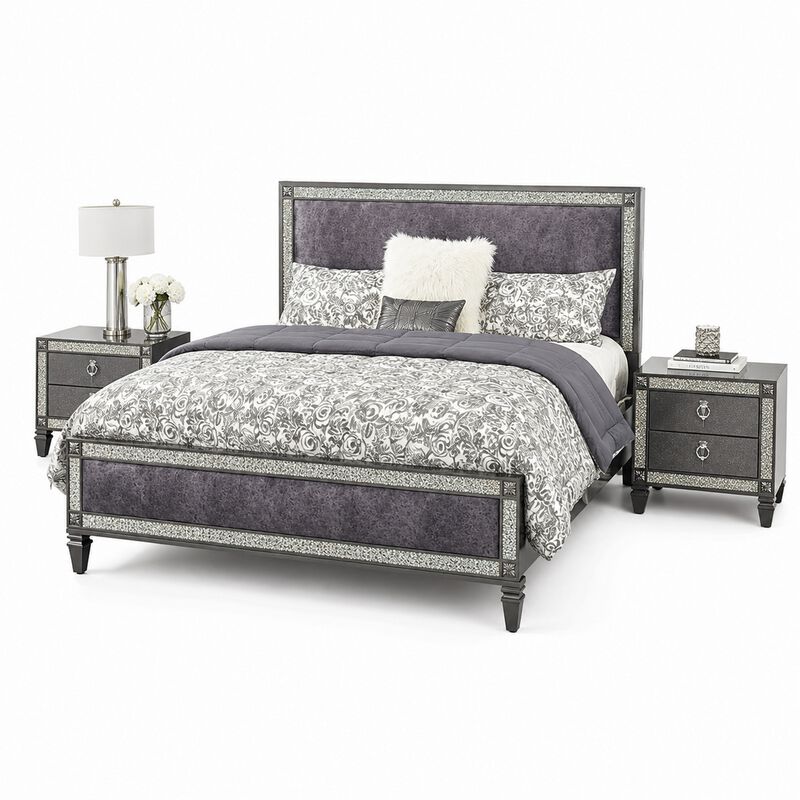 Queen Bedroom Set, Gray, Nickel Wood, 3 Piece Set with 2 Nightstands image number 0