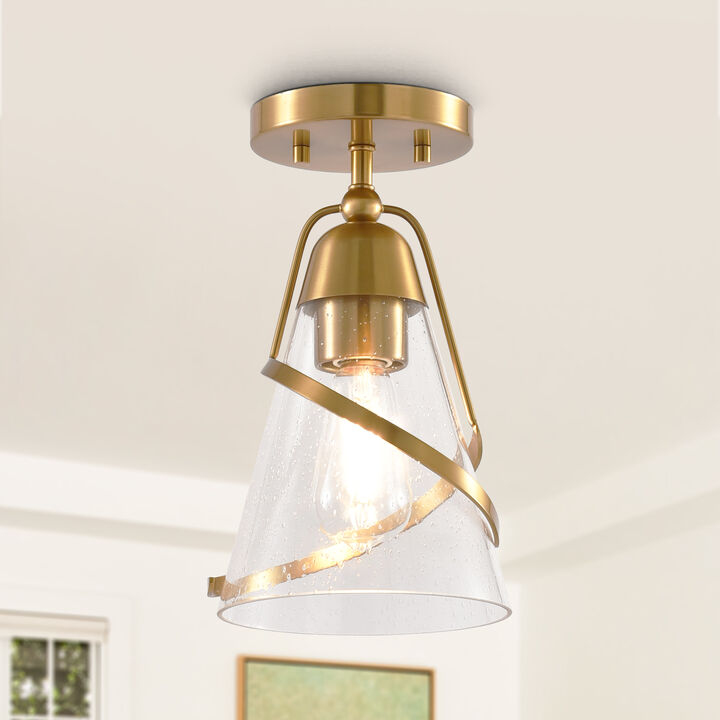 7" Modern Gold Dimmable Semi-Flush Mount Ceiling Light with Seeded Glass Shade
