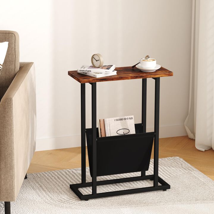 Narrow Side Table for Small Spaces, Small End Table Set of 2 with Magazine Holder Table, Skinny Slim Little Thin Table for Livin