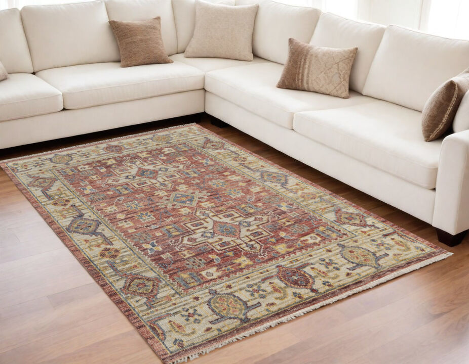 HomeRoots Wool Oriental Hand Knotted Area Rug With Fringe
