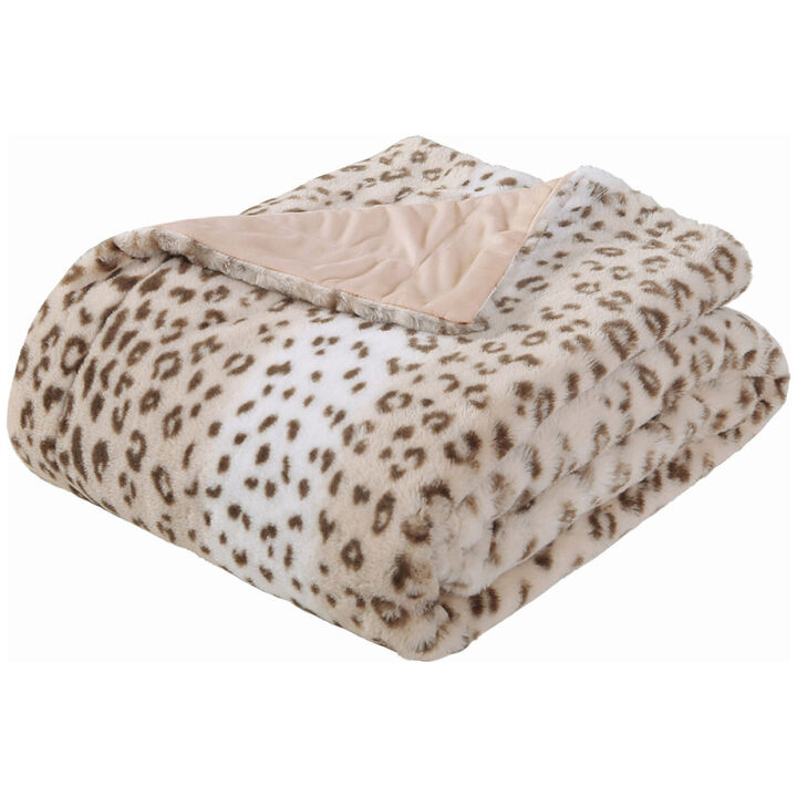 Printed Faux Rabbit Fur Throw, Lightweight Plush Cozy Soft Blanket, 60" x 70", Grey Leopard