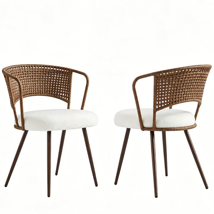 2 Pack Cane Back Dining Chairs PE Rattan Wingback Chair with Metal Legs Upholstered Cushion Kitchen Dining Chair Set