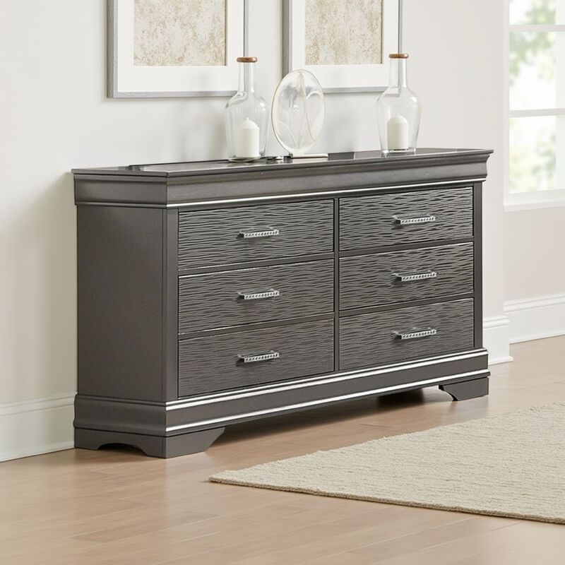Jean Wide Dresser Chest, 6 Drawers, Chrome, Dark Gray Solid Wood - Benzara