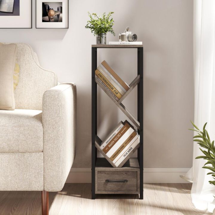 Hivvago 4 Tier Floor Tree Bookshelf with Drawer and Metal Frame