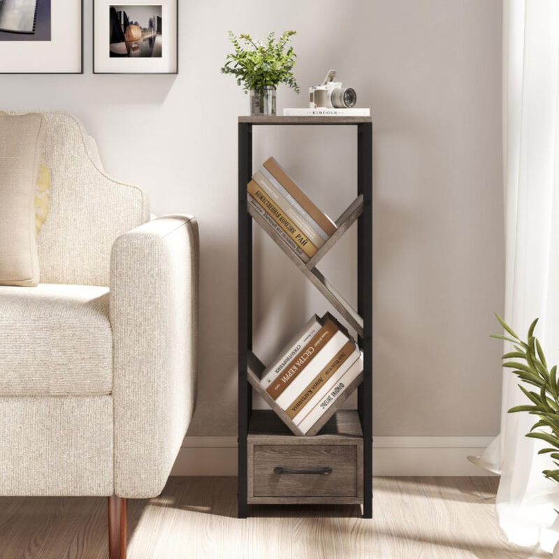 Hivvago 4 Tier Floor Tree Bookshelf with Drawer and Metal Frame