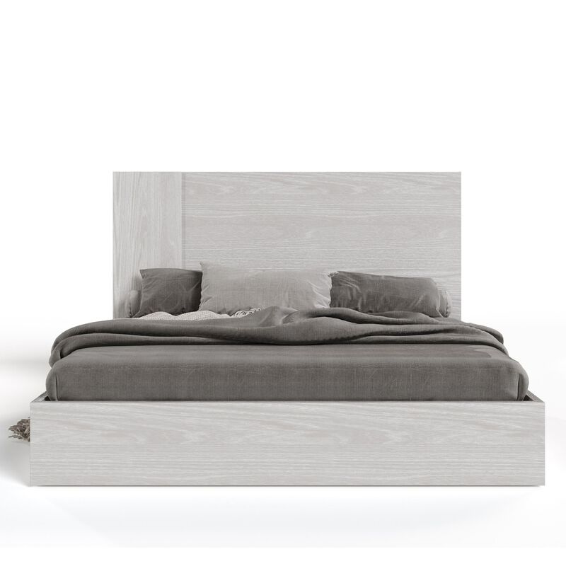 Noe Zid King Size Platform Bed, Panel Headboard, White Finish, Modern - Benzara