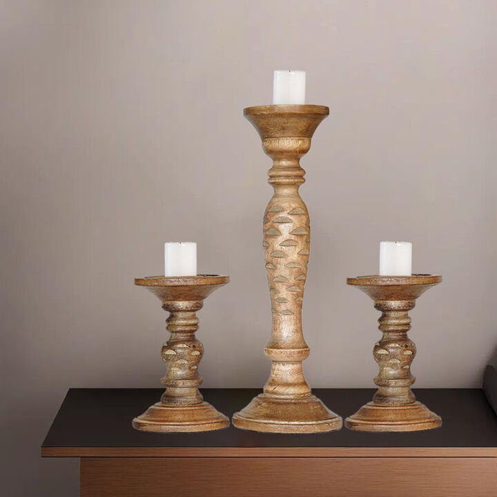 Traditional Wallnut Eco-friendly Handmade Mango Wood Set Of Three 6",15" & 6" Pillar Candle Holder