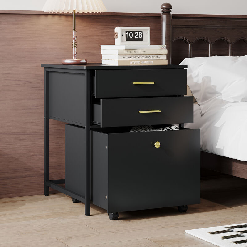 FUFU&GAGA Compact Nightstand, Black Laminate with Gold Handles, (21.7"W x 22.8"D x 27"H), with Pull-out Drawers and Rolling Casters