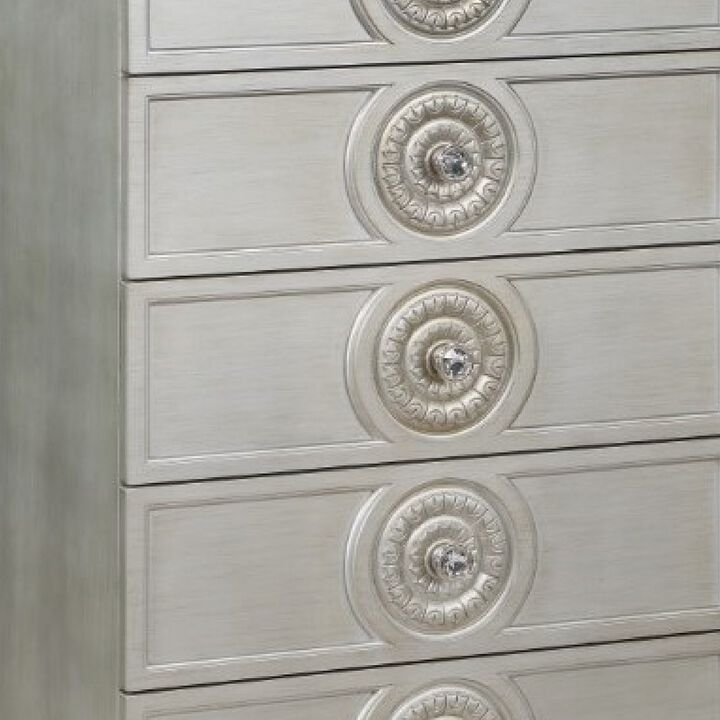 Nic 54 Inch Modern Tall Dresser Chest, 5 Drawers, Round Knobs, Silver - Benzara