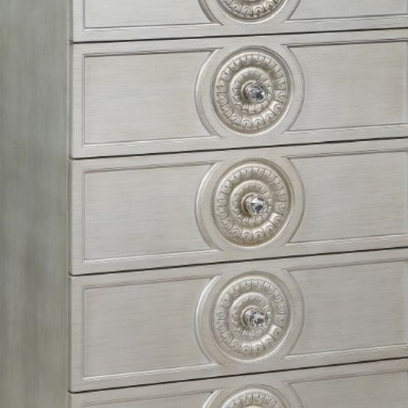 Nic 54 Inch Modern Tall Dresser Chest, 5 Drawers, Round Knobs, Silver - Benzara