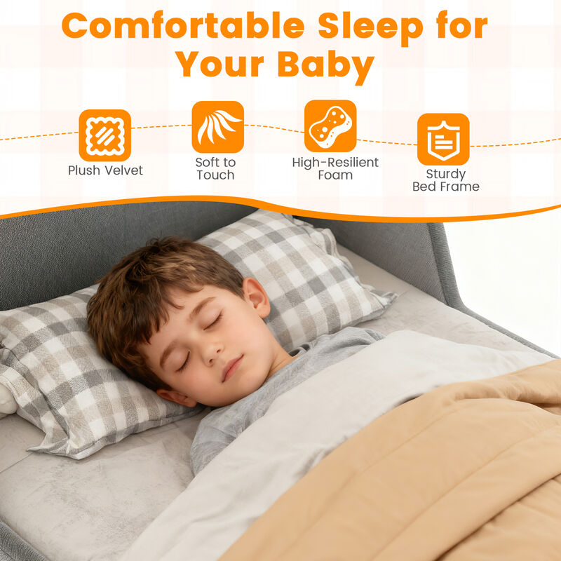 Velvet Upholstered Toddler Bed Frame with Protective Safety Rails image number 5