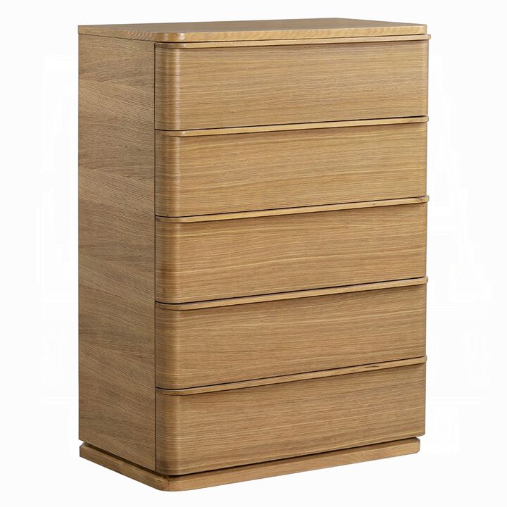 Sery Tall Dresser Chest, 5 Drawers, Minimalist Lip Handles, Oak Brown Wood