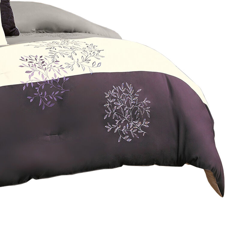 7 Piece Queen Polyester Comforter Set with Leaf Embroidery, Gray and Purple - Benzara