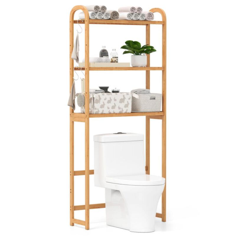 Bathroom Organizer 3-Tier Floor Storage with 5-Position Shelves and 3 Hooks - Natural image number 3