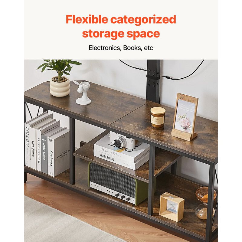 Entertainment Center with TV Mount, LED Lights, Power Outlets and 3-Tier Storage Cabinet-Brown image number 6