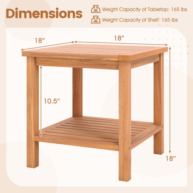 Set of 2 Acacia Wood Patio Side Tables with Slatted Tabletop and Storage Shelf image number 2