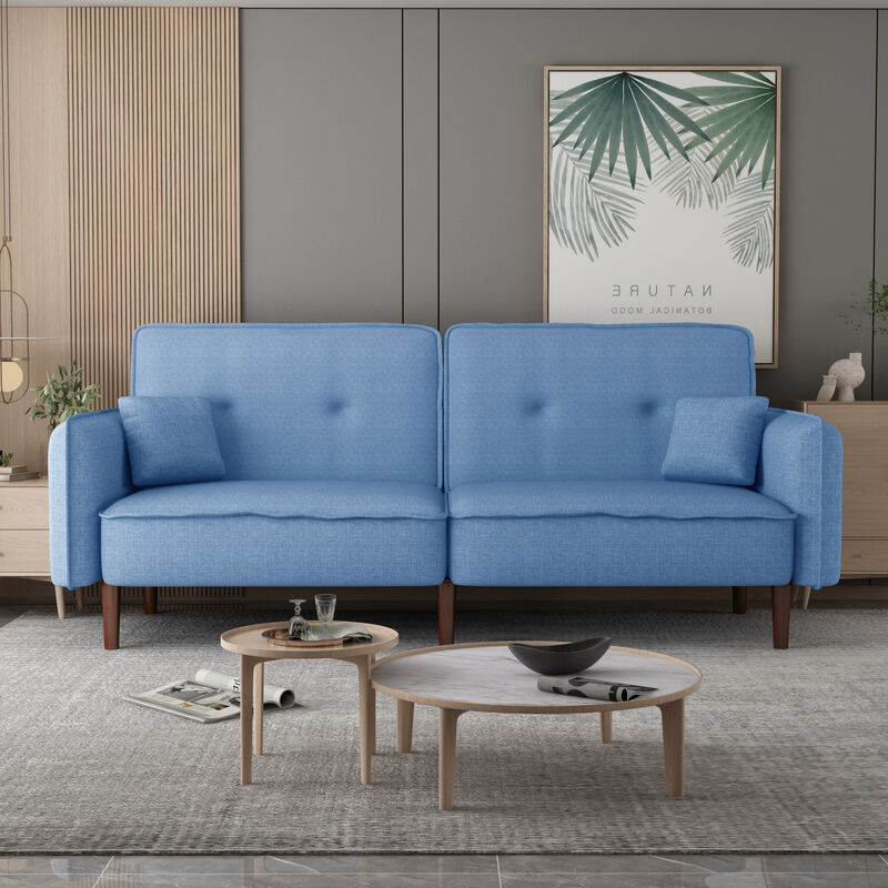 Living Room Bedroom Leisure Futon Sofa bed in Blue Fabric with Solid Wood Leg