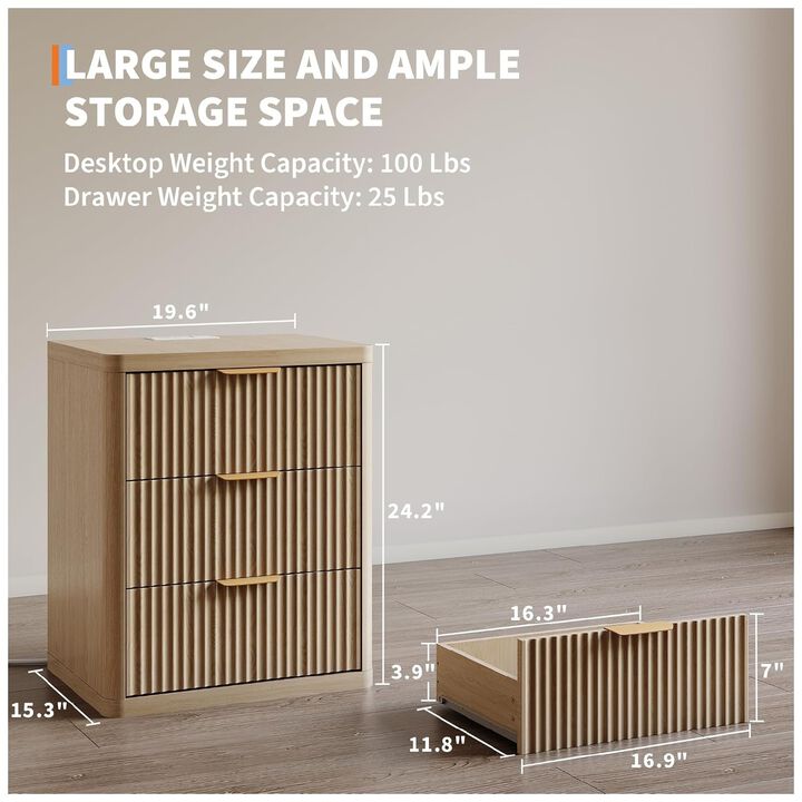 Fluted Nightstand with Charging Station, Bedside Table with 3 Drawers and Open Storage Space, Mid Century Modern End Table, Natural Color 1pcs