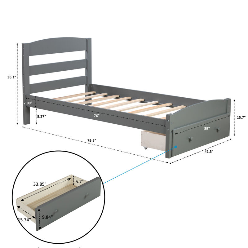 Platform Twin Bed Frame with Storage Drawer and Wood Slat Support No Box Spring Needed