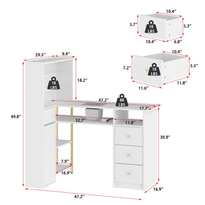 FUFU&GAGA Nail Station with Gold Handles Tempered Glass Top Integrated Vacuum and LED Shelves 47.2''L x 29.5''W x 49.8''H White