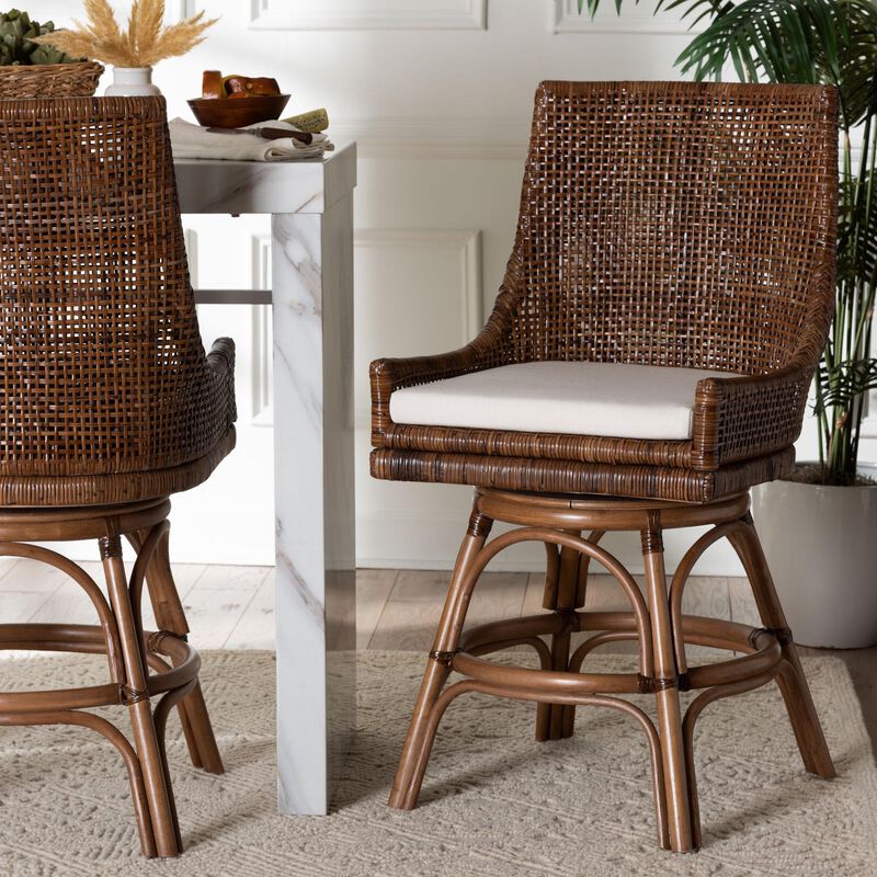 bali & pari Bella Swivel Rattan Counter Stool with Cushion - Handwoven Wicker Kitchen Island Seating with Backrest and Footrest, Coffee Bean image number 7