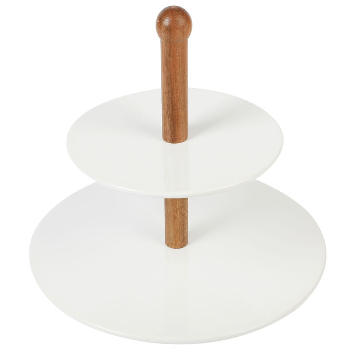 Gibson Elite Gracious Dining 3 Piece 2-Tier Stoneware Serving Stand with Wood Base in White