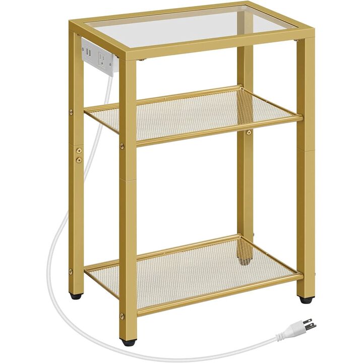 3-Tier End Table with Tempered Glass Shelves, USB and Power Outlet-Gold