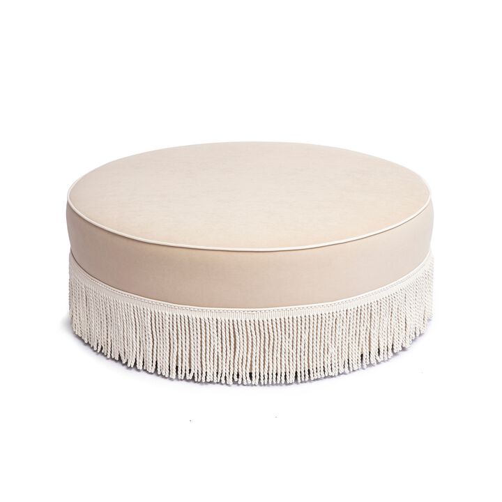Tassy Neutral Floral Tasseled Round Ottoman