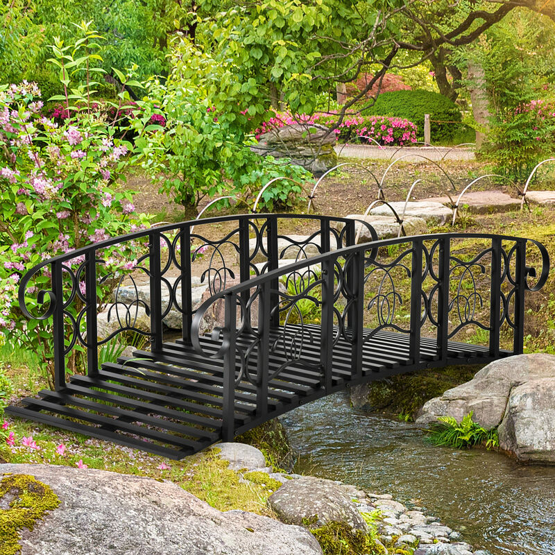 Outsunny 6' Metal Arch Backyard Garden Bridge with 660 lbs. Weight Capacity, Safety Siderails, Vine Motifs, Easy Assembly for Backyard Creek, Stream, Pond, Black