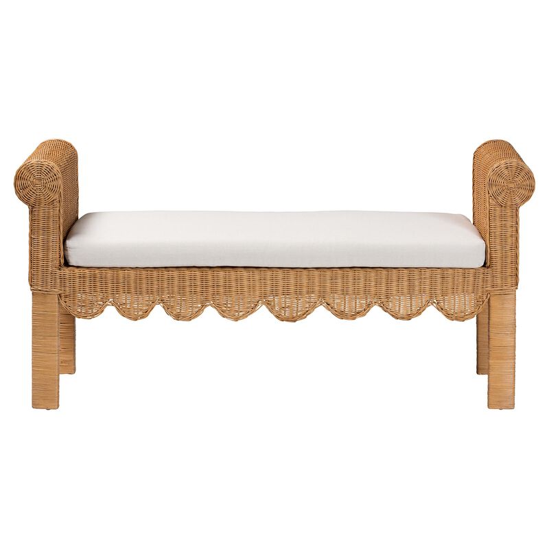 bali & pari Reiko Handwoven Natural Rattan Bench with Scalloped Detailing &ndash; Boho Farmhouse Entryway, Bedroom, or Living Room Accent Seating