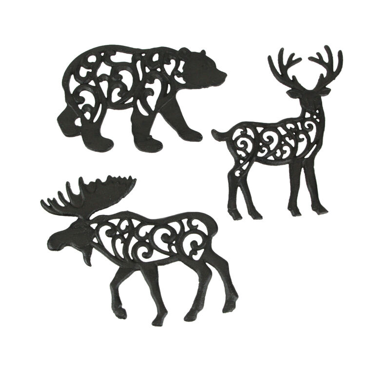 Set of 3 Cast Iron Lodge Design Kitchen Trivets Wall Hanging Art Deer Moose Bear image number 0