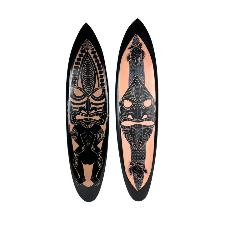 Set of 2 Surfboards &ndash; Tiki Mask Design, 39" Wood Wall Art, Tropical Decor