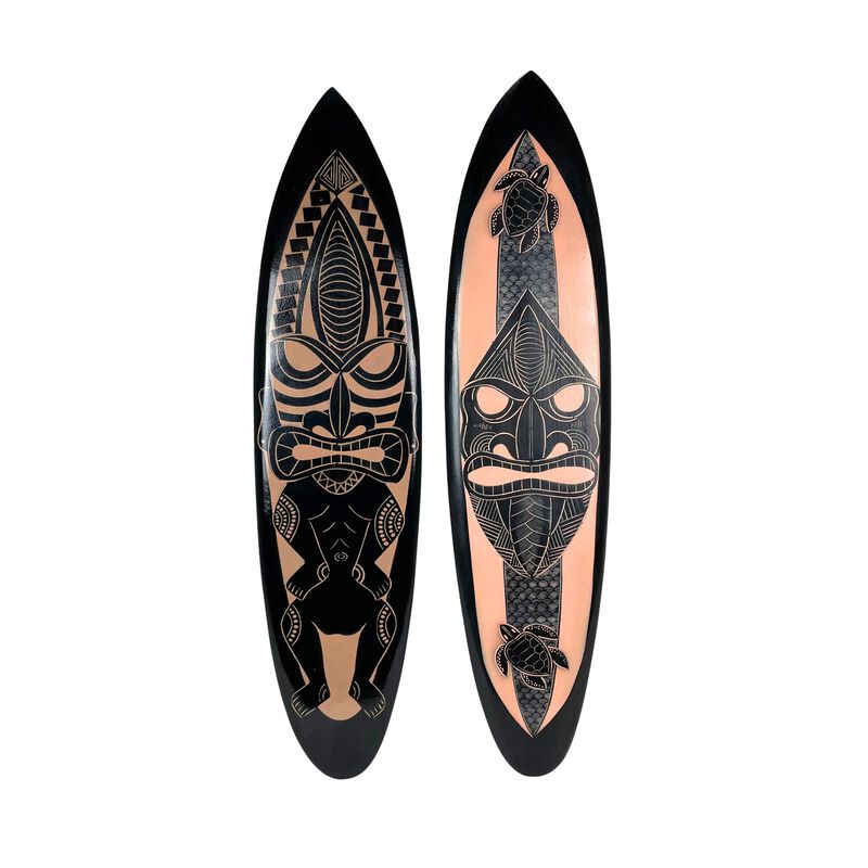Set of 2 Surfboards &ndash; Tiki Mask Design, 39" Wood Wall Art, Tropical Decor image number 0